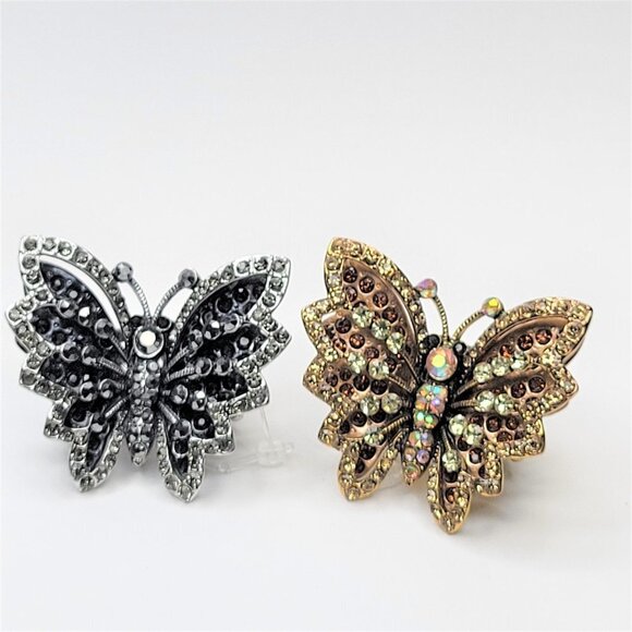 VINTAGE Gold Rhinestone Butterfly Stretch Ring - Picture 14 of 14